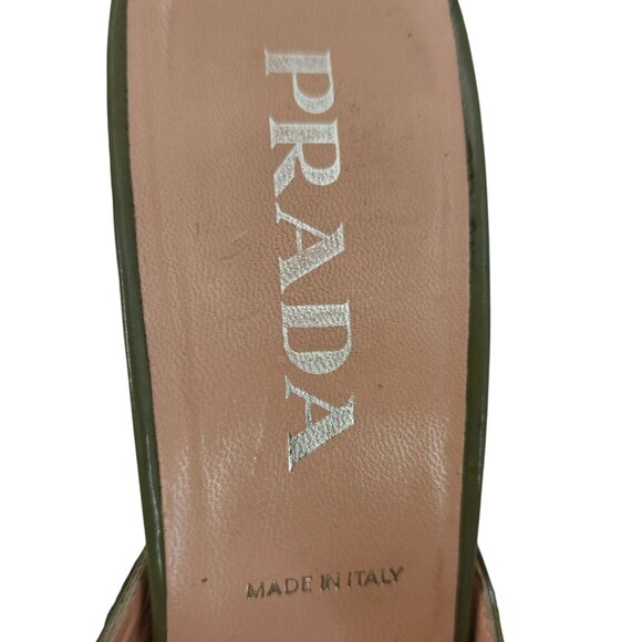 Vintage Prada Italy Designer Heels Grey Green Leather Womens 9 Mules Dress Shoes - Picture 13 of 14